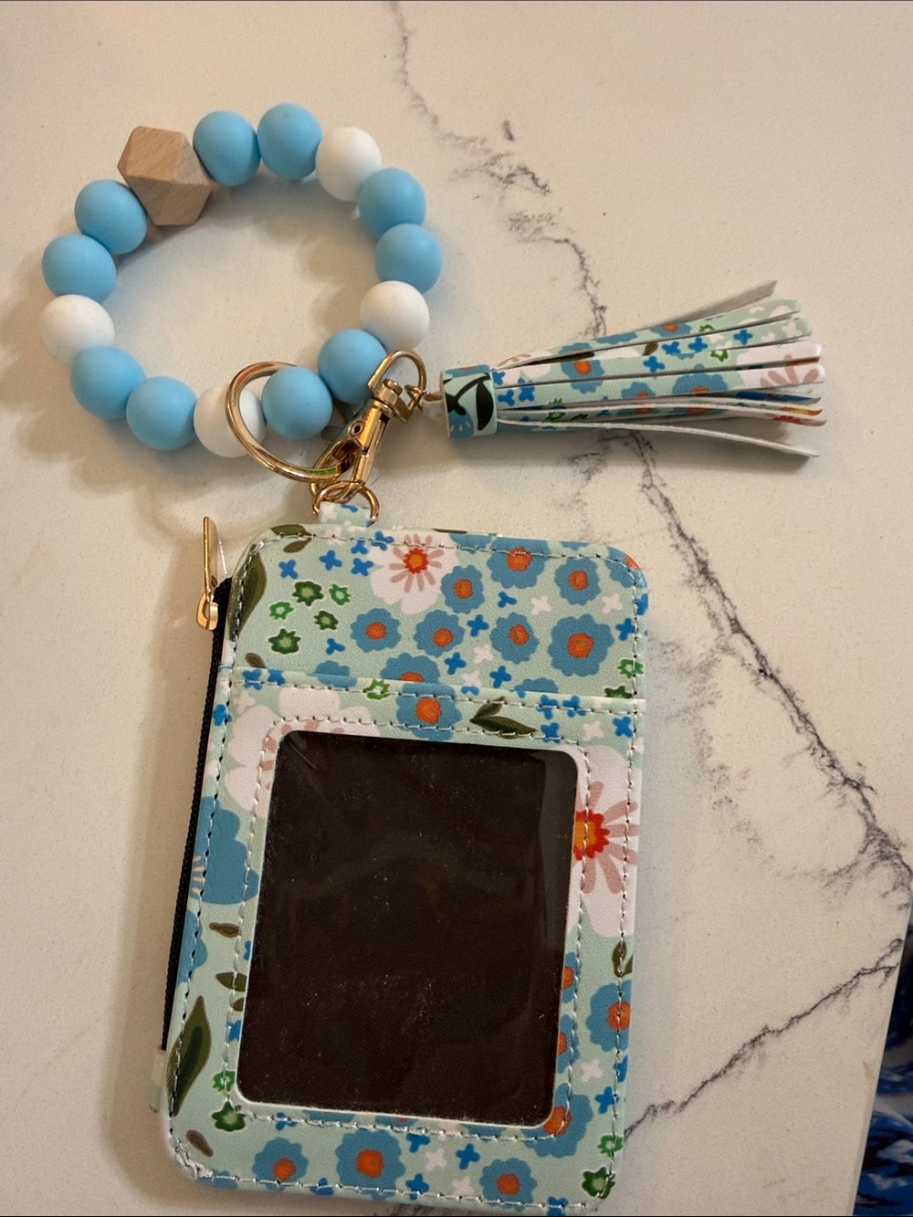 Floral Blue ID Card Holder Wristlet Keychain with Tassel